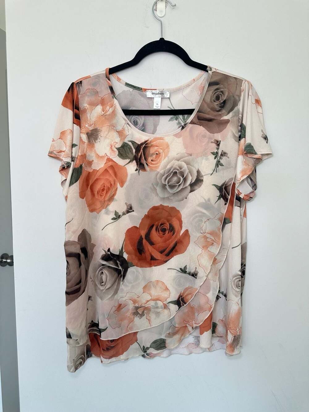 Dressbarn Floral Short Sleeve Blouse Size XL Beige Rose Print Top